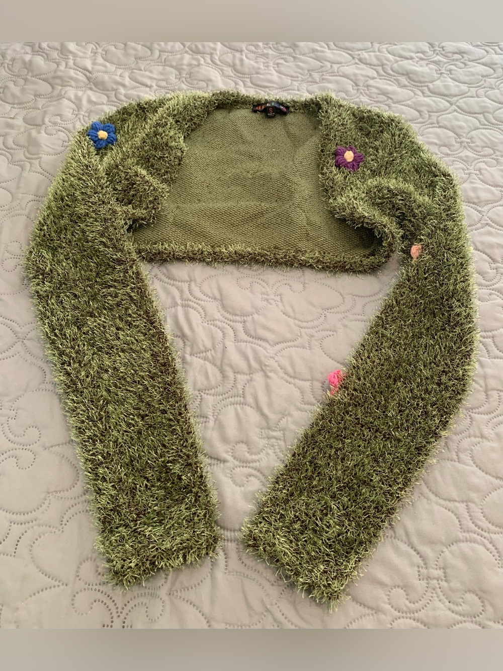 dELiA*s Dollskill Shaggy Fuzzy Moss Green Crop Shrug Bolero Floral Cardigan S - Picture 7 of 13